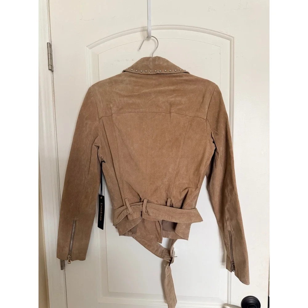 Bebe Suede Moto Jacket Women Size M Camel New‎ Studded Leather Biker Coat